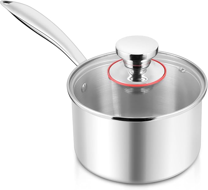 E-far 3-Quart Saucepan, Tri-Ply Stainless Steel Sauce Pan with Glass Lid, Small Cooking Induction Pot Compatible with All Cooktops, Non Toxic, Oven & Dishwasher Safe