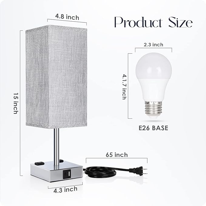 Bedside Lamp with USB Ports - Touch Control Table Lamp for Bedroom with USB C+A Charging Ports & AC Outlets, 3 Way Dimmable Nightstand Light for Living Room (LED Bulb Included, Chrome - Grey)