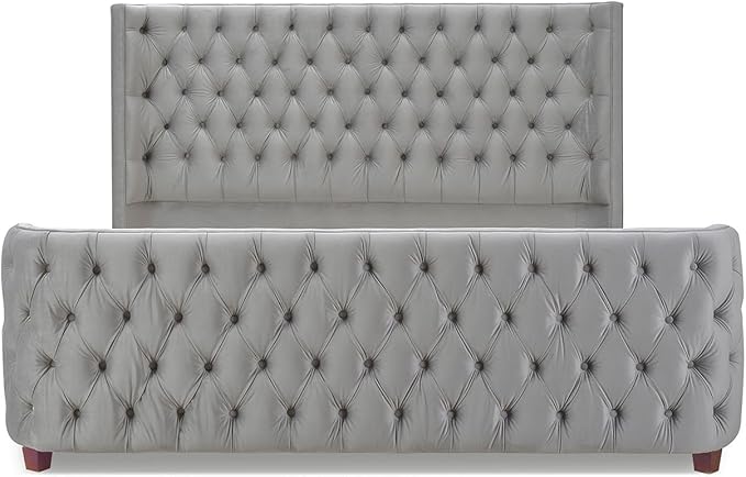 Jennifer Taylor Home Brooklyn King Tufted Panel Bed Headboard and Footboard Set, Opal Grey Velvet