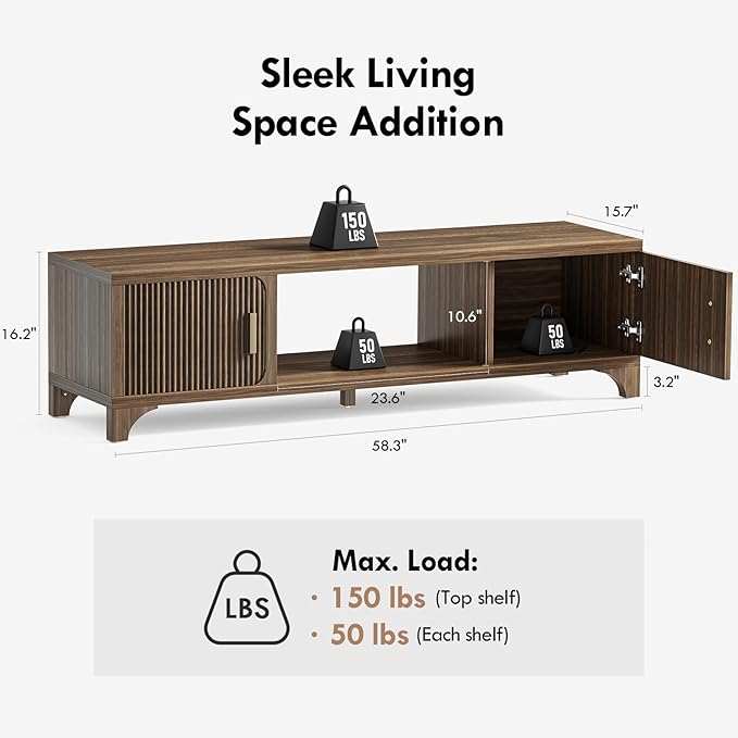 Mid Century Modern TV Stands for 55/60/65 Inch TV Boho Media Console for Living Room Fluted TV Entertainment Center with Storage Wood Television Cabinet for Bedroom