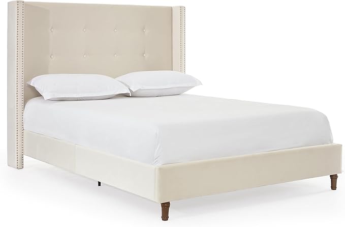 GDFStudio Tall Headboard Upholstered Bed,King Size Platform Bed Frame with Headboard Nailhead Trim Wingback,54" High No Box Spring Needed Easy Assembly Traditional Hand Buttoned Tufting Ivory Velvet