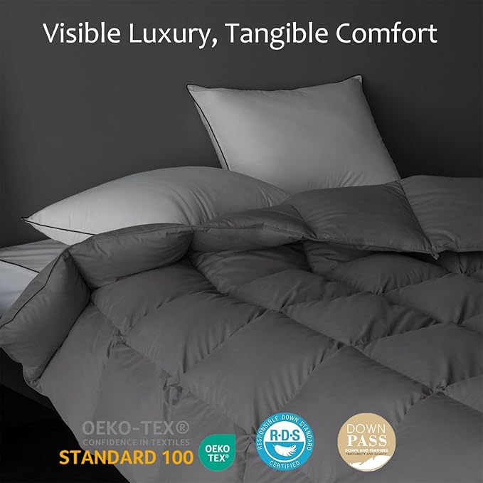 Luxury Down Fiber Comforter Oversized King Size - High Fill Power Medium Warmth for All Season Duvet Insert - Light Weight, Charcoal Grey (120" x 98")