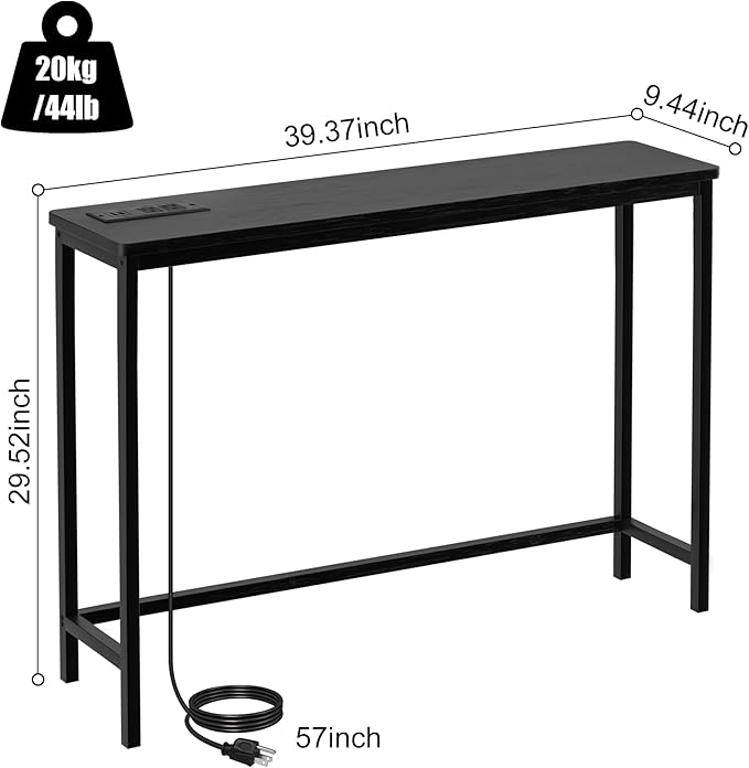 VASMIA Console Table with Power Outlet and USB Ports, Entryway Table, Narrow Sofa Table, 39" Bamboo Skinny Hallway Table for Entryway, Living Room, Bedroom, Foyer, Black