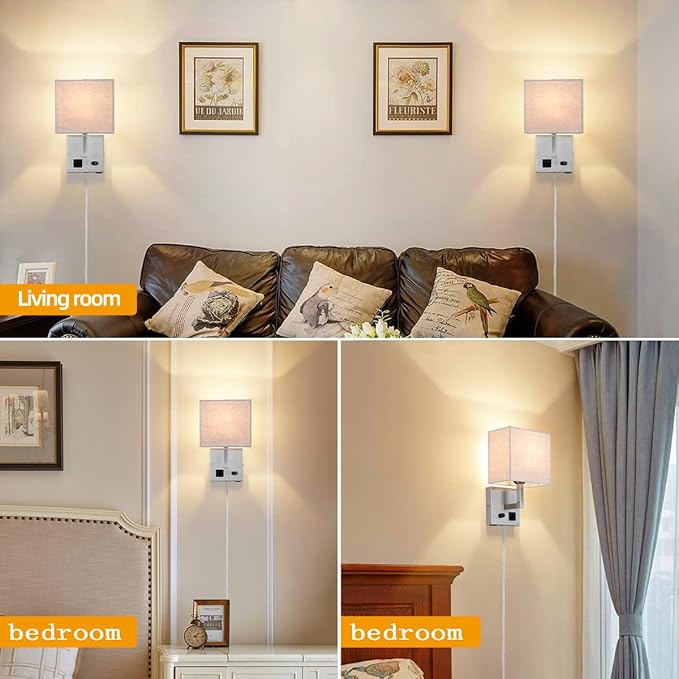 Plug in Wall Sconce, Bedside Wall lamp with Plug and dimmable Switch, with USB Charging Port and Socket, Suitable for Hotel, Corridor, Living Room and Bedroom Wall Light (Nickel)