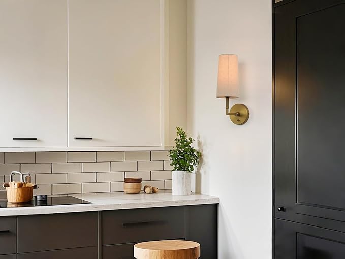 Brass Wall Sconces Set of Two, Hardwired Linen Fabric Shade Wall Lamps, Bathroom Vanity Lights Fixture with Switch, Indoor Wall Lights for Bedroom Living Room Corridor