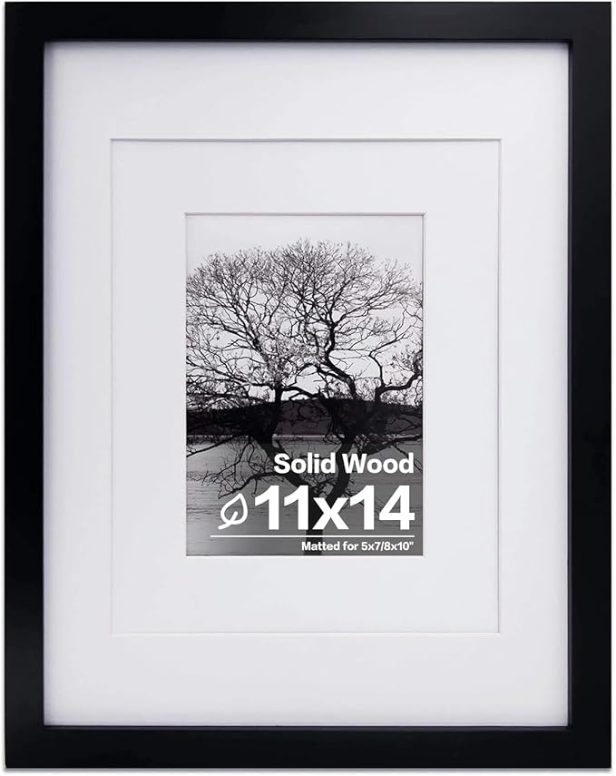 Egofine 11x14 Picture Frame Black - Photo Frame Made of Solid Wood Covered by Plexiglass for Table Top Display Pictures 5x7/8x10 with Mat or 11x14 Without Mat with Wall Mounting Hardware