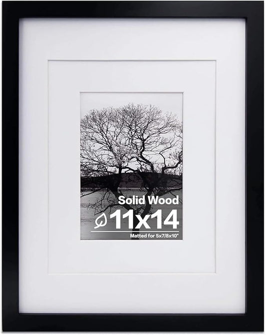 Egofine 11x14 Picture Frame Black - Photo Frame Made of Solid Wood Covered by Plexiglass for Table Top Display Pictures 5x7/8x10 with Mat or 11x14 Without Mat with Wall Mounting Hardware