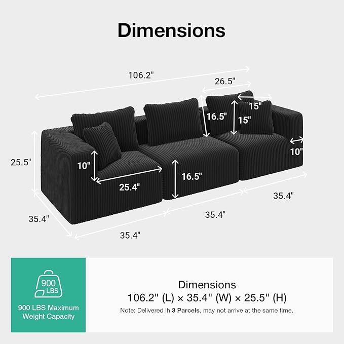 Novilla Modular Sectional Sofa, Modern Cloud Sectional Couch with Smarts Coil™ Support, Upholstered Boneless Couch for Living Room Apartments Bedroom, No Assembly Required (3 Seater)
