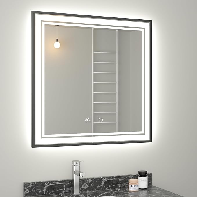 36" x 36" LED Bathroom Mirror with Lights Framed LED Mirror for Bathroom Backlit and Front Lighted Bathroom Mirror Black Square Aluminum Frame Anti-Fog Dimmable Shatter-Proof Memory