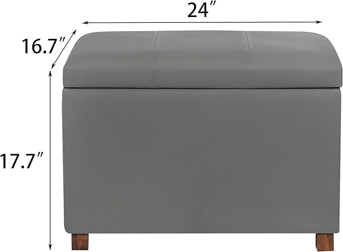 Asense 24'' Small Square Ottoman with Lift Off Lid, Storage Cube Leather Ottoman for Foot Rest, Footstool for Dorm, Living Room, Bedroom,Slate Gray