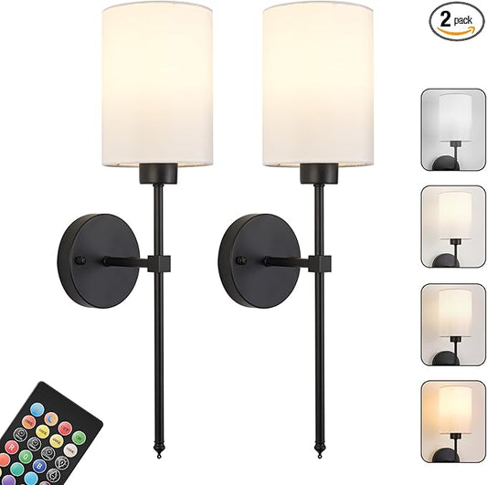 Battery Operated Wall Sconces Set of Two,Wireless Rechargeable Wall Light With Remote Control, Dimmable, Amber Light/Warm White/Natural White/Daylight/RGB, Timer,for Living Room,Bedroom,Entryway,Black