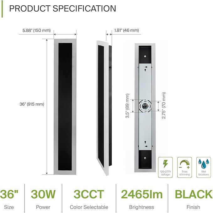 ASD LED 36" Long Wall Mount Light Fixture, Outdoor & Indoor Linear Sconce | 3CCT, Dimmable, Waterproof, Anti-Rust, ETL Listed | 30W 2350LM 3000-5000K 100-277V | Exterior Porch Lighting | Black, 2 Pack