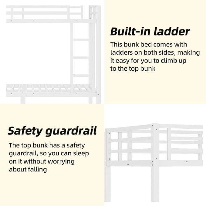 Twin XL Over Twin XL Bunk Bed Frame, Heavy Duty Metal Loft Bed for Adults/Teens, 250/400LB Capacity w/Ladder & Guardrail, Noise-Free Steel Slats, No Box Spring Required, White
