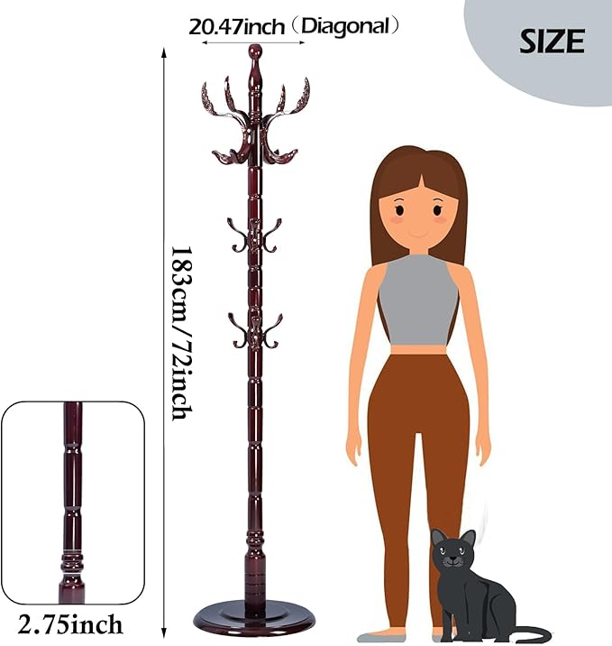 Coat Racks Free Standing with 14 Hooks, Natural Wood Coat Stands for Entryway, Adjustable Height 72 in Tree Coat Rack Stand for Hallway Home Office Bedroom (Mahogany Phoenix)