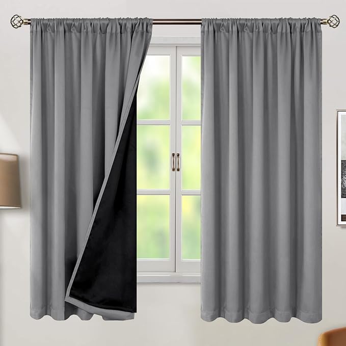 BGment Dove Grey 100% Blackout Curtains 63 Inch Length with Reducing Noise Liner, Rod Pocket and Back Tab Double Layer Full Room Darkening Window Curtain for Bedroom, 2 Panels, Each 52 x 63 Inch