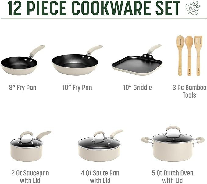 Goodful Ceramic Nonstick Pots and Pans Set, Premium Ceramic Coating Made without PFOA, PTFE or PFAS, Dishwasher Safe, 12-Piece, Cream