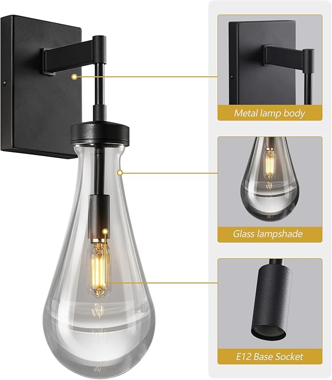 Raindrop Wall Sconces Set of Two Black Sconces Wall Decor Modern Brass Wall Lighting Glass Bathroom Sconces Indoor Vanity Light Wall Lamp for Bedroom Living Room Stair