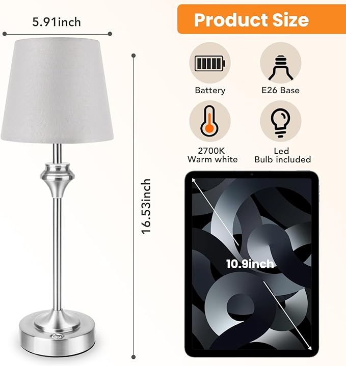 NIORSUN Portables Cordless Table Lamp,Flaxen Fabric Shade Battery Operated Lamp,5200mAh Bedside Table Lamp with Warm White,3 Way Dimmable Touch Desk Lamp for Bedroom Living Room Restaurant (Silver)