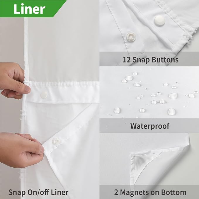 Extra Long No Hook Tufted Chevron Striped Shower Curtain with Snap-in Fabric Liner set-71Wx98H(96H),Tall Hotel Grade Boho Style Shower Curtain,Water Repellent,White