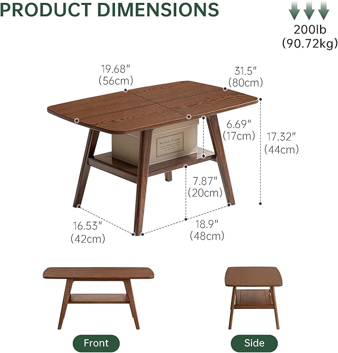 100% Solid Wood Coffee Table for Living Room, 31.5" Mid Century Modern Small Tables with Shelf Storage, Storage Coffee Table with Rounded Corners (Oak Wood Walnut Color, 31.5" L)