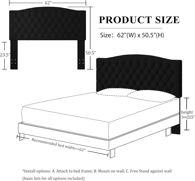 Velvet Upholstered Headboard Queen/Full Size Latest Model Wall Mount, Bed Frame Mount, Featuring High-Density Sponge Padding, Luxury Texture Easy Assembly Comfort and Style-Black