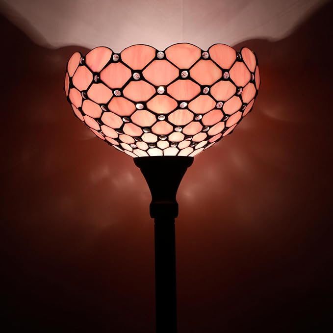 WERFACTORY Tiffany Floor Lamp Pink Stained Glass Pearl Bead Light 12X12X66 Inches Torchiere Standing Corner Torch Uplight Decor Bedroom Living Room Home Office S005P Series