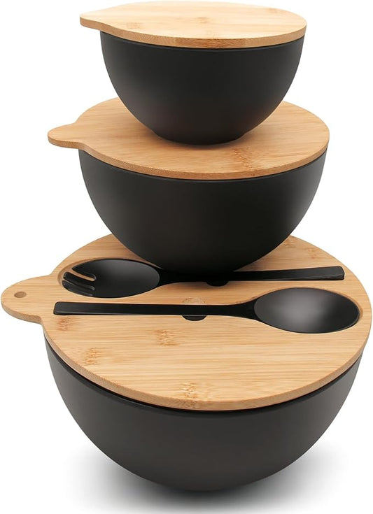 Salad Bowls Set of 3 with Seal Lid & Serving Utensils, Bamboo Fiber Mixing Bowls Set Large Serving Bowls & Storage Set with Bamboo Lid for Salad, Kitchen Eating, Pasta, Popcorn, Fruit, Black