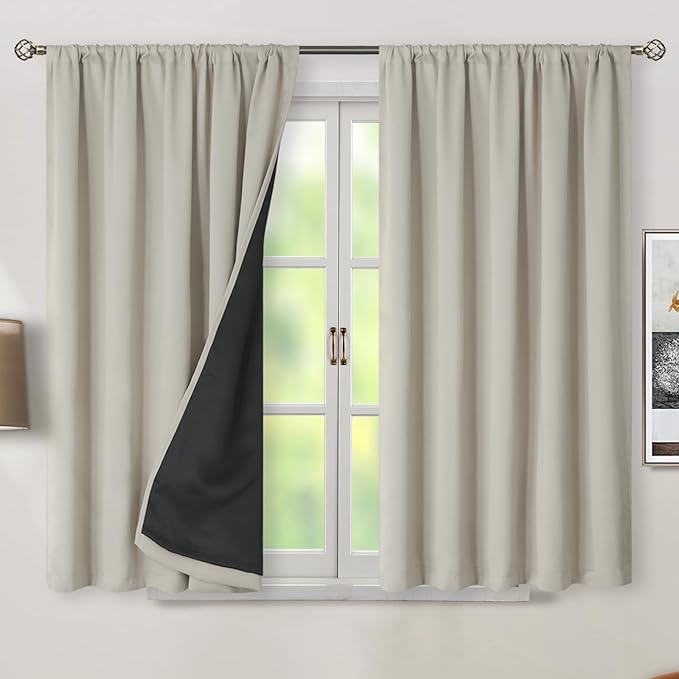 BGment 100% Room Darkening Thermal Insulated Blackout Curtains 45 Inches Long with Liner, Rod Pocket and Back Tab Double Layer Noise Reduce Curtains for Bedroom (52 x 45 Inch, 2 Panels, Cashmere)