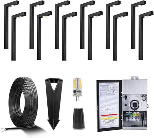 Solid Brass 12V LED Landscape Lighting Kit (12 Black Path Lights) with 300W Low Voltage Transformer and Mechanical Timer and 250FT Wire and 50Pack Connectors for Outdoor Pathway Garden