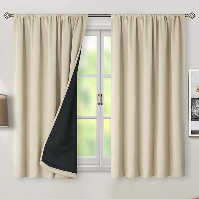 BGment Full Blackout Curtains with Thermal Insulation Liner Curtains 54 Inches Long，Rod Pocket and Back Tab Double Layer Room Darkening Window Curtains for Bedroom(52 x 54 Inch, 2 Panels, Beige)