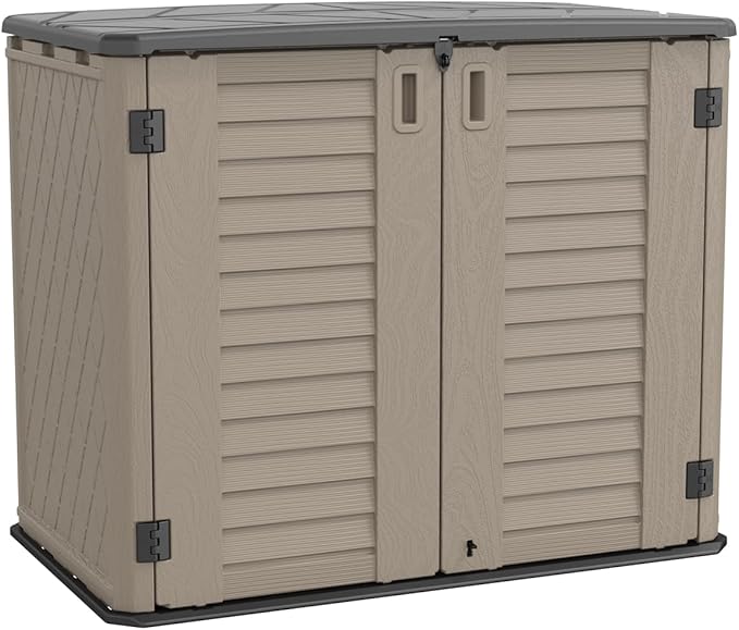 KINYING Outdoor Storage Shed - Horizontal Storage Cabinet Waterproof for Garden, Patio, Backyard, Storage Box for Easy Storage of Garbage Cans, Tools, Lawn Mower, 26 Cubic Feet,Dark Brown