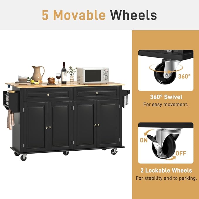 63" Movable Kitchen Island with Drop Leaf and Power Outlet, Rolling Island Cart w/Storage Cabinet, Island Table on Wheels for Kitchen w/2 Drawers, Spice Rack, Towel Bar, Garage Hook, Black