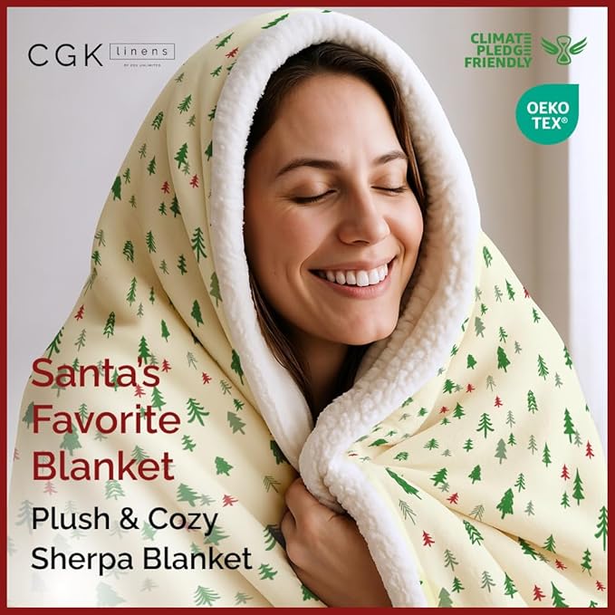 Christmas Sherpa Blanket Throw Size - Reversible Sherpa Fleece Blanket - Super Soft Double Sided Throw for Bed, Sofa, Couch - Thick, Warm, Cozy & Plush - Xmas Winter Bedding - Christmas Trees, 50x60