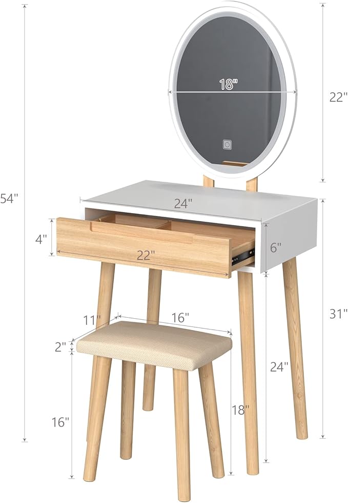 ARTETHYS Small Makeup Vanity Desk with 3 Adjustable Lighted Mirror and Chair, 24 Inch Vanities Set with Drawer Wooden Frame Dressing Table for Mini Space