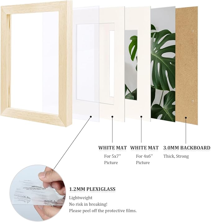 Egofine 6x8 Picture Frame Made of Solid Wood with Plexiglass, Display Pictures 4x6/5x7 with Mat or 6x8 Without Mat for Tabletop and Wall Mounting, Oak Wood