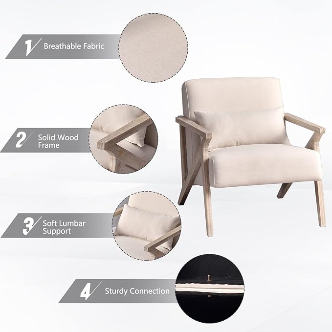 INZOY Mid Century Modern Accent Chair Set of 2 with Wood Frame, Upholstered Armchair with Waist Cushion, Accent Chair for Living Room Bedroom Apartment, Easy Assemble, Beige