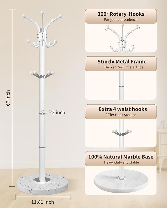 Metal Coat Rack with Natural Marble Base,360°Rotary Coat Rack Stand with 14 Hooks,Modern Freestanging Coat Racks for Entryway,Office,White Coat Jacket Hanger Tree Stand for Coats, Scarves