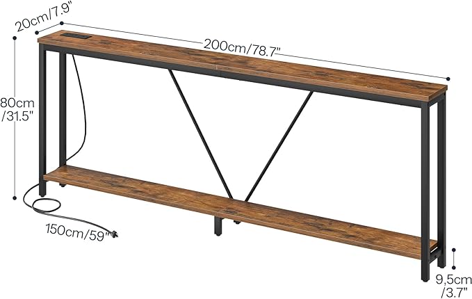 HOOBRO 78.7" Extra Long Sofa Console Table with Charging Station, 2-Tier Behind Couch Table with V-Brace, for Narrow Entryway, Hallway, Living Room, Rustic Brown BF206UXG01