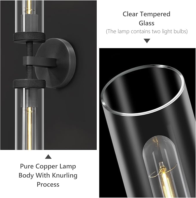 Black Wall Sconces Hardwired, 30" Bronze Wall Sconce for Bathroom, Linear Sconces Wall Lighting, 2-Light Knurled Wall Sconce Dimmable, Vanity Light with Tube Glass, Bathroom Light Fixtures over Mirror