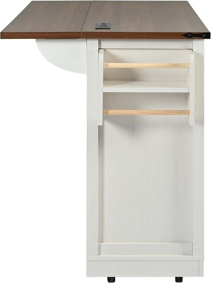 53.7" Farmhouse Mobile Kitchen Island Cart with Drop Leaf, Storage Island with Sliding Barn Door,Rolling Home Cart on Wheel Breakfast Bar Table with Power Outlet,3 Drawer,Cabinet,Tower Rack(White)