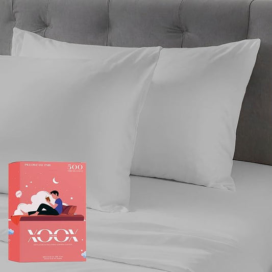 XOOX Linen 100% Cotton Pillowcases Standard/Queen Size Set of 2-500 Thread Count Pillowcases, Soft Cooling Pillow Cases for Sleeping, Pillow Covers for Standard/Queen Pillows - Silver Grey