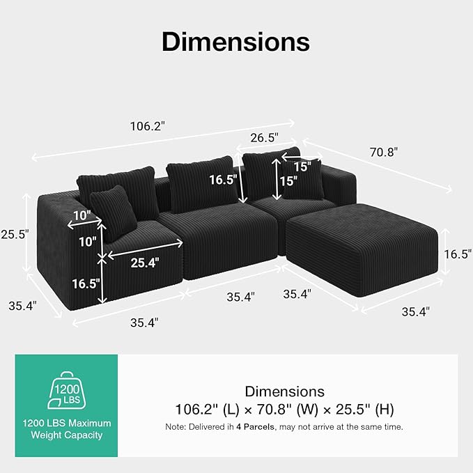 Novilla 106" Modular Sectional Sofa, Modern Cloud Sectional Couch with Smarts Coil™ Support, L-Shape Boneless Couch for Living Room Apartments Bedroom, No Assembly Required (3 Seater + 1 Ottoman)