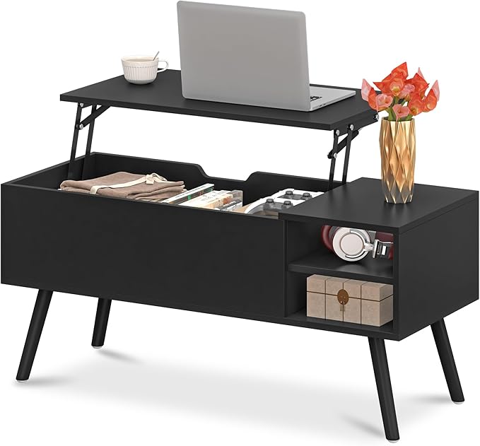 ALINE FURNITURE Black Coffee Table Lift Top - Wood Coffee Table with Hidden Compartment Storage - 40" Lift Up Coffee Tables for Living Room