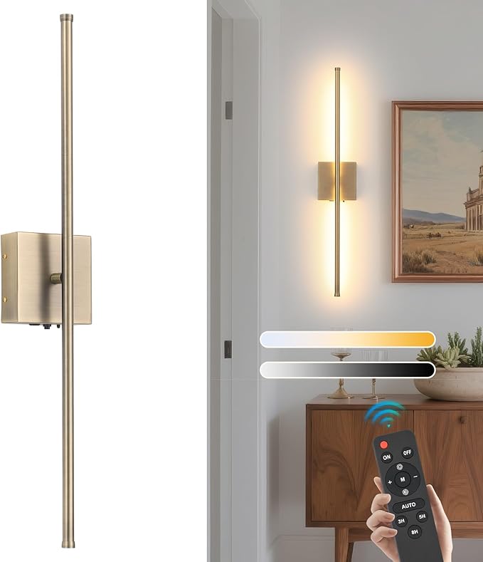 Battery Operated Wall Sconces with Remote Control, 11000mAh Wireless Rechargeable Brushed Bronze Wall Lights, 350°Rotate 3 Color Temperatures Dimmable Wall Lamp, for Bedroom, Living Room, Hallway