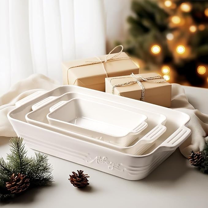 Ceramic Baking Dish Set, 3-Piece Casserole Dishes for Oven, Rectangular Baking Pans, Deep Lasagna Pans with Handles, Multi-Size Set for Cooking, Baking, Serving, and Gifting, White (16.1''/12.2''/9'')