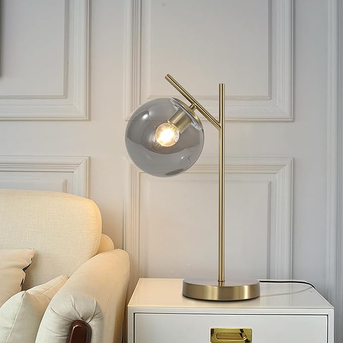 Mid Century Desk Lamp Glass Globe Table Lamp with Gray Glass lampshade Gold Modern Bedside Lamps for Bedroom Living Room Study Room