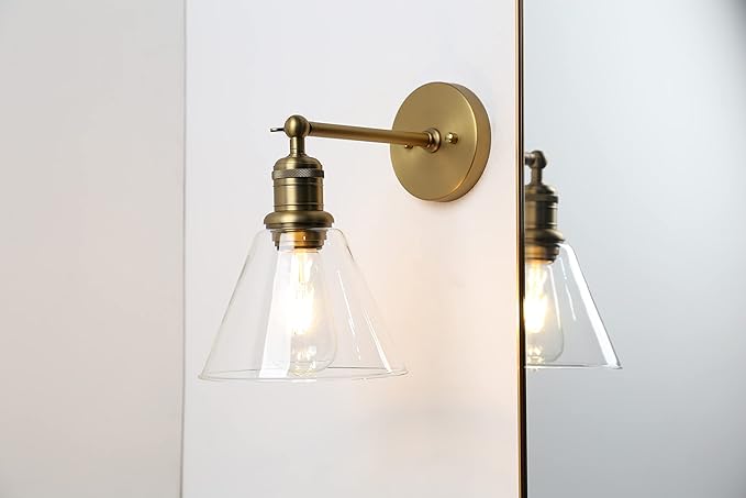 Yosoan Indoor Wall Sconce Fixture Light, 1-Light Modern Single Antique Brass Vintage Industrial Hardwired with Funnel Flared Clear Glass Shade Lamp for Bathroom Sink Porch Kitchen Living Room(Antique)