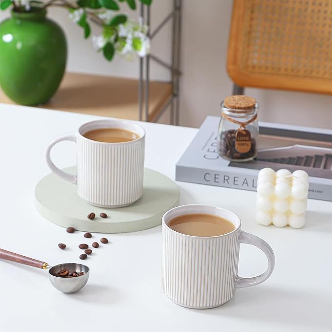 Coffee Mugs Set of 4, 12 OZ Ceramic Coffee Mugs with Handle, Vertical Stripes Coffee Cups Set for Latte/Tea/Cocoa/Milk, Microwave and Diahwasher Safe (Beige)