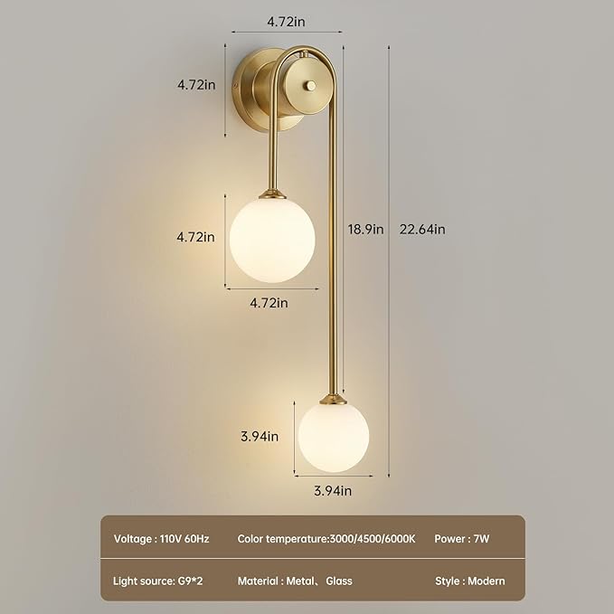 Golden Wall lamp Double Ball, mid-Century Modern Glass Wall sconces,with G9 Tricolor Bulb for Living Room Bedroom Bedside Stairs Restaurant Bathroom Corridor Aisle Lighting