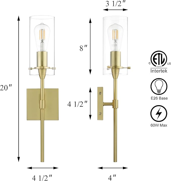 XiNBEi Lighting Brass Wall Sconce Set of 2, Modern Single Bathroom Sconces Wall Lighting Indoor Sconce Bathroom Lighting for Bedroom Vanity & Living Room